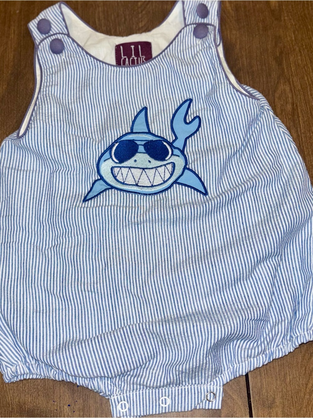 Cactus Light Blue & White Striped Baby Romper with Shark Patch